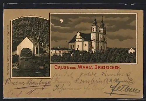 Mondschein-Lithographie Maria Dreieichen, Bründl und die Wallfahrtskirche