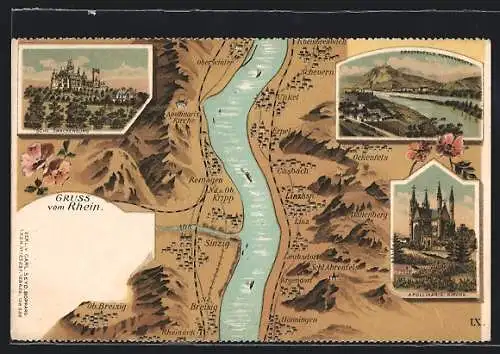 Lithographie Remagen /Rhein, Schloss Drachenburg, Rheinpartie mit Ortschaften, Apollinariskirche