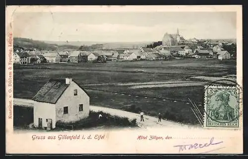 AK Gillenfeld i. d. Eifel, Gesamtansicht mit der Kirche über Felder