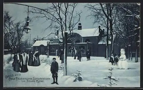 AK Berlin-Zehlendorf, Gaststätte Neue Fischerhütte Schlachtensee A. Müller im Winter