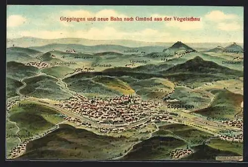 Künstler-AK Eugen Felle: Göppingen, Ortsansicht mit neuer Bahn nach Gmünd aus der Vogelschau