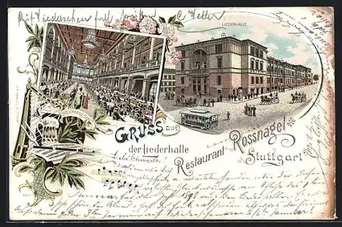 Lithographie Stuttgart, Liederhalle-Restaurant Rossnagel mit Strasse und Strassenbahn, Saal