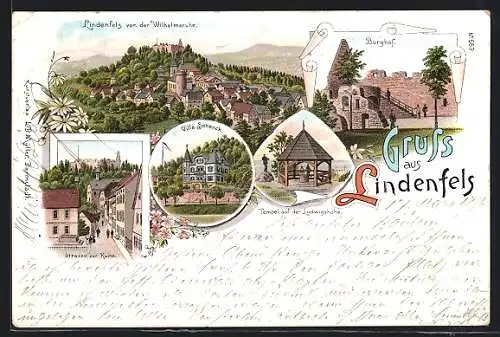 Lithographie Lindenfels, Villa Schenck, Tempel auf der Ludwigshöhe, Strasse zur Ruine