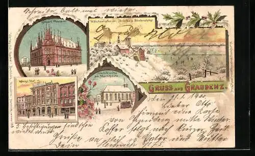 Lithographie Graudenz, Kaiserl. Postamt im Winter, Königl. Hof, Alte ev. Kirche am Marktplatz