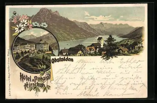 Lithographie Obstalden, Hotel & Pension Hirschen, Panorama mit See und Bergen