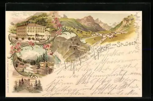 Lithographie Splügen, Hotel Bodenhaus, Bergpanorama