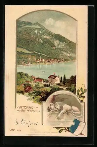 Lithographie Vitznau, Ortsansicht mit Rigi-Weissfluh, Löwendenkmal