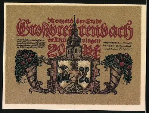 Notgeld Grossbreitenbach 1921, 20 Pfennig, Glocke mit Jäger und Handelsleuten