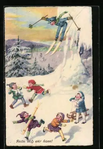 Künstler-AK Kind fällt beim Skifahren einen Berg hinab, Mädchen rennen eilig weg