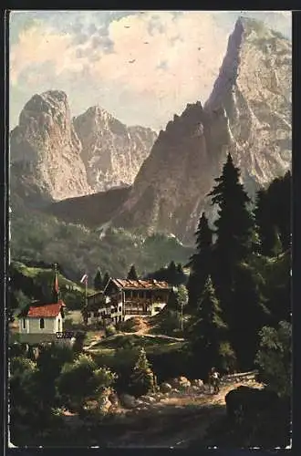 Künstler-AK Hinterbärenbad, Ortsansicht mit Kirche und Bergpanorama