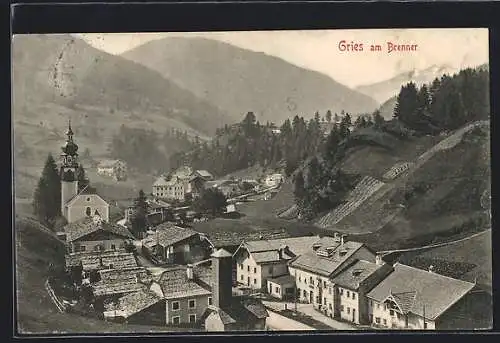 AK Gries, Ortsansicht mit Kirche aus der Vogelschau