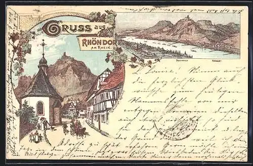 Lithographie Rhöndorf am Rhein, Panorama mit Drachenfels, Kapelle