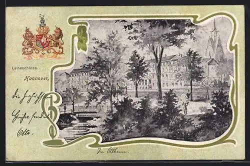 Passepartout-Lithographie Hannover, Leineschloss, Wappen, Blumen-Ornament