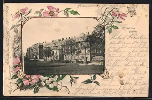 Passepartout-Lithographie Hannover, Schlossansicht, Blumen