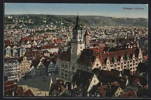 AK Stuttgart, Ortsansicht mit dem Rathaus aus der Vogelschau