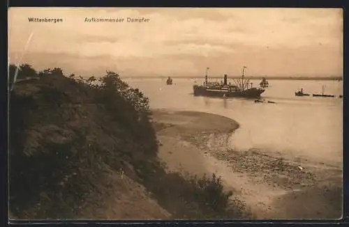 AK Hamburg-Wittenbergen, Strandpartie mit aufkommendem Dampfer