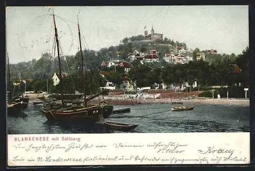 AK Hamburg-Blankenese, Angetautes Segelschiff mit Blick auf den Süllberg