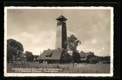 AK Neuvorwerk, Waldarbeitersiedlung der Forstverwaltung Ph. F. Reemtsma, Primkenau - Feuerwachturm