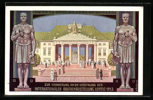 Künstler-AK Leipzig, Intern. Baufachausstellung 1913, Eingang Reitzenhainer Strasse, Ganzsache 5 Pfennig