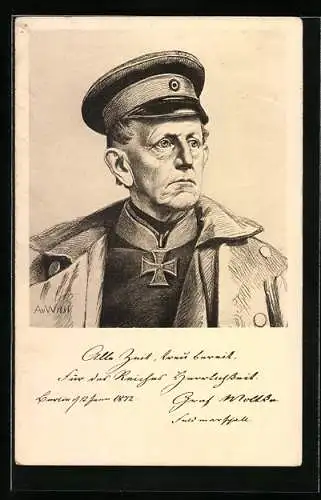 Künstler-AK General Moltke in Uniform, Ganzsache Bayern 5 Pfennig