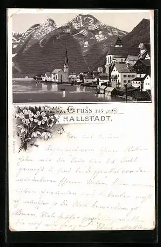Vorläufer-Lithographie Hallstatt, 1894, Ortsansicht mit See und Gebirge
