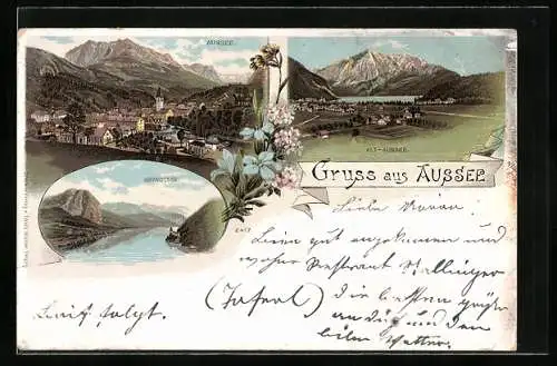 Lithographie Aussee, Gesamtansicht, Alt-Aussee, Grundlsee