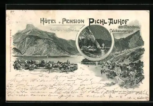 Künstler-AK Franz Kulstrunk: Mondsee, Hotel Pension Pichl-Auhof, Schafberg vom Hotel aus, Kreuzstein