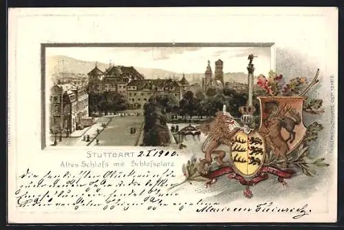 Passepartout-Präge-Lithographie Stuttgart, Altes Schloss mit Schlossplatz und Wappen