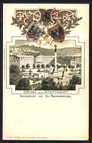 Passepartout-Lithographie Stuttgart, Schlossplatz und Kgl. Residenzschloss, Passepartout mit Stadt-, Kgl. & Reichswappen