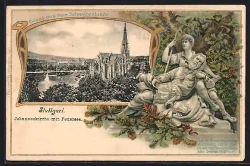 Passepartout-Lithographie Stuttgart, Johanneskirche mit Feuersee