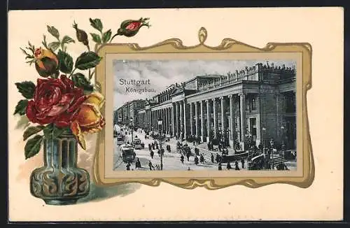 Passepartout-Lithographie Stuttgart, Königsbau mit Strassenbahnen