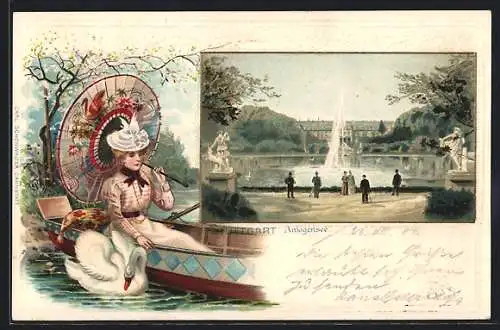 Passepartout-Lithographie Stuttgart, Anlagensee, Fontäne, Fräulein und Schwan