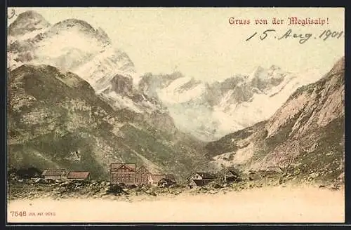 AK Meglisalp, Ortspartie mit Gasthaus und Gebirgswand