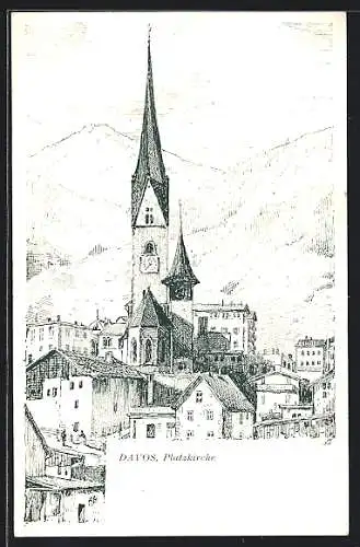 Künstler-AK Davos-Platz, St. John`s Church