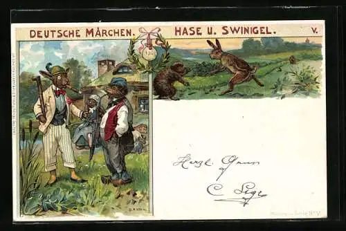 Lithographie Hase und Swinigel, Deutsche Märchen