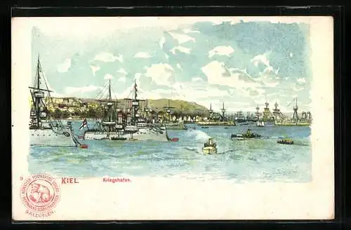 Lithographie Kiel, Blick in den Kriegshafen, Hoffmann`s Stärkefabriken in Salzuflen