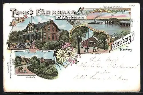 Lithographie Tatenberg bei Hamburg, Gasthaus Todes Fährhaus, Dampfschiffsstation