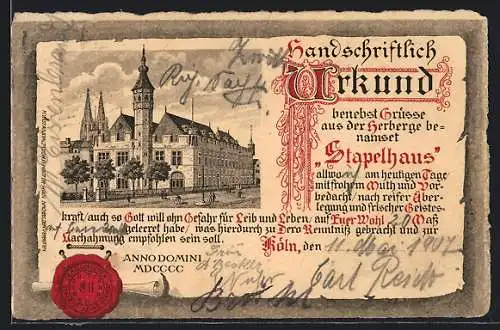 Lithographie Köln, Gasthaus Stapelhaus, Urkunde mit Siegel