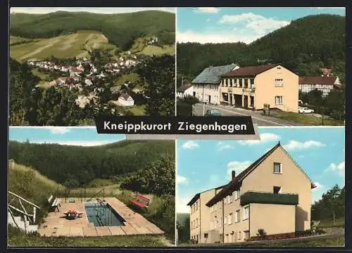 AK Ziegenhagen / Witzenhausen, Pension-Café Burgblick, Pool, Ortspanorama