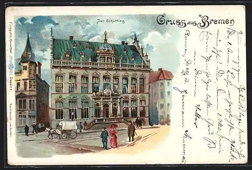 Lithographie Bremen, Der Schütting, Strassenansicht