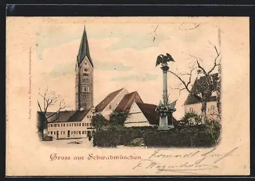 AK Schwabmünchen, Kriegerdenkmal mit Kirche