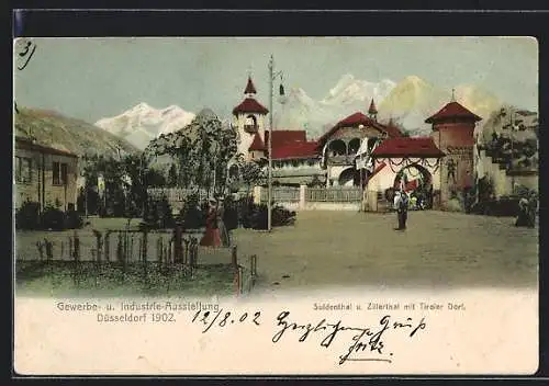 AK Düsseldorf, Gewerbe- u. Industrie-Ausstellung 1902, Suldenthal und Zillertal mit Tiroler Dorf, Vignette & Stempel