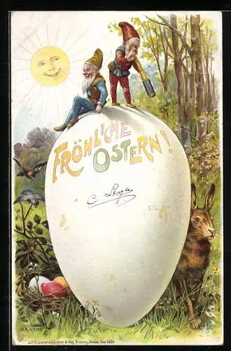 Lithographie zwei Zwerge auf einem übergrossen Osterei, Hase, Fernrohr, Ostern