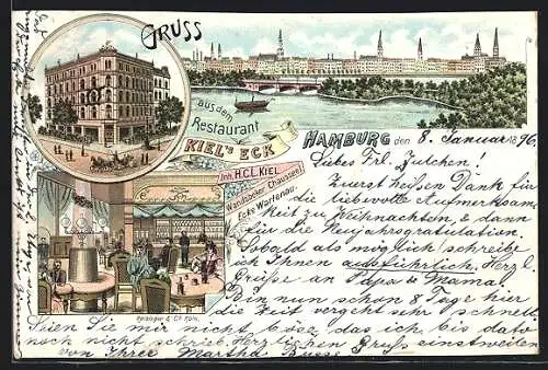 Lithographie Hamburg-Eilbek, Restaurant Kiel`s Eck, Innenansicht, Teilansicht