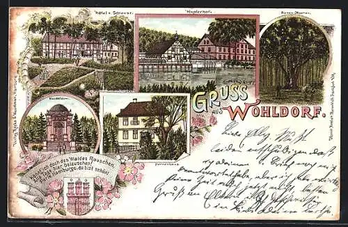 Lithographie Hamburg-Wohldorf, Gasthaus Kupferhof, Hotel zur Schleuse, Mausoleum, Herrenhaus