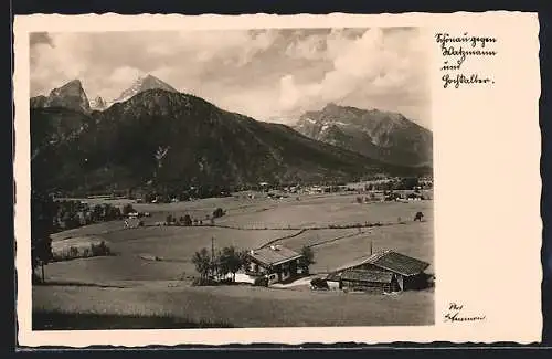 AK Schönau / Berchtesgaden, Ortsansicht gegen Watzmann und Hochkalter