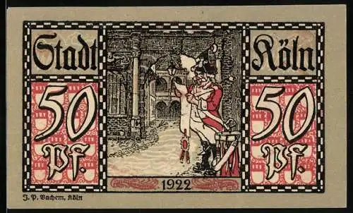 Notgeld Köln 1922, 50 Pfennig, Stadtsoldat verliest eine Mitteilung, Gutschein