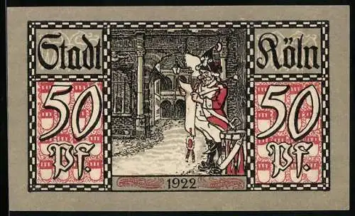 Notgeld Köln 1922, 50 Pfennig, Stadtsoldat verliest eine Mitteilung, Gutschein