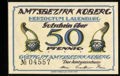 Notgeld Koberg, 50 Pfennig, Fischteich bei Koberg, Gutschein