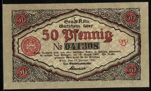 Notgeld Köln 1922, 50 Pfennig, Stadtsoldaten beim Tanz, Gutschein